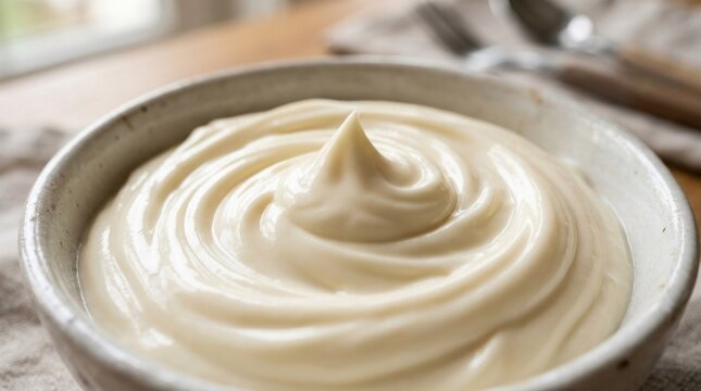 A bowl of mayonnaise with a swirl of creamy texture, 