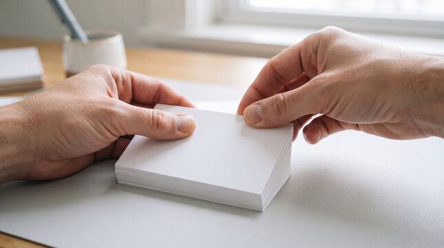 A person holding a stack of blank white business cards on a white desk surface, with a ad social media download thambnail poster web template event festival 2026 2027 2028
