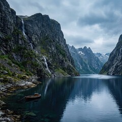 Fototapeta premium Small boat in a dramatic Norwegian fjord. Scenic mountain landscape with waterfalls.