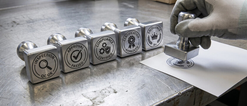 Hand in glove stamping a document with an excellence a seal on a metal workbench with a row of quality control stamps