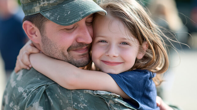 An emotional father in unmarked camouflage holds his daughter close during a bright military homecoming, symbolizing protection and family love, soldier parent, child, reunion, affection,