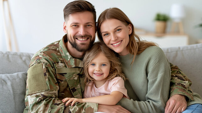 A young soldier returns from duty and sits with his wife and little daughter on a bright sofa, sharing a close family embrace, military homecoming, father, spouse, child, reunion, uniform,