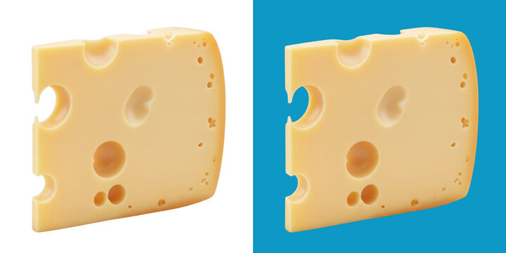 Two slices of cheddar cheese with holes isolated