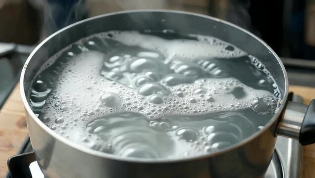 practical 4K close-up video focuses on water rapidly boiling in a cooking pot highlighting the vigorous bubbling surface and visible steam rising from the liquid effectively symbolizing cooking