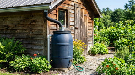 Obraz premium Blue rain barrel connected to a wooden shed in a lush garden. Eco-friendly water conservation and sustainable irrigation system