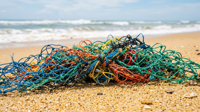 Tangled colorful plastic fishing nets washed up on a sandy beach. Marine pollution and environmental hazard concept