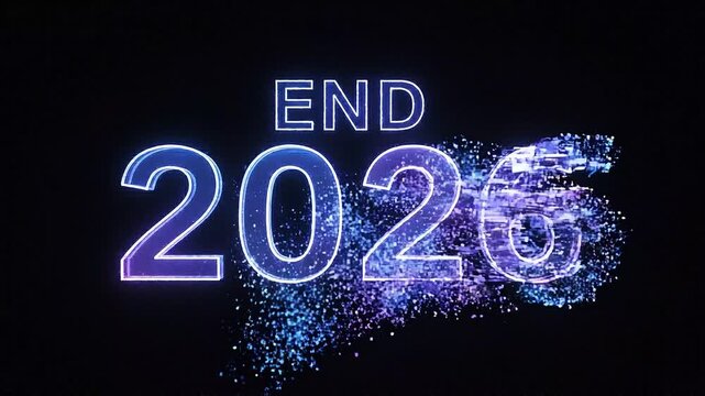 Year 2026 digital transition with glitch effects and particle disintegration ending 4k