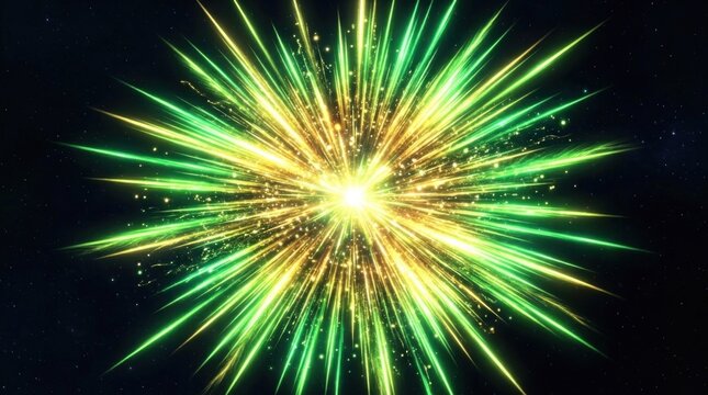 A vibrant green and yellow fireworks display against a dark, starry sky, with a central burst of light and scattered sparks.