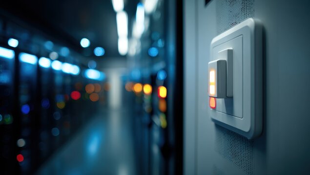 Closeup of a glowing light switch on a server room wall with blurred data center racks in the background