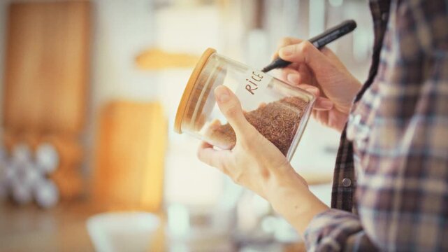 In a home kitchen, a girl labels a clear glass jar rice for cereal storage. The tidy act showcases her habit of organizing the kitchen, ensuring proper food preservation and household order