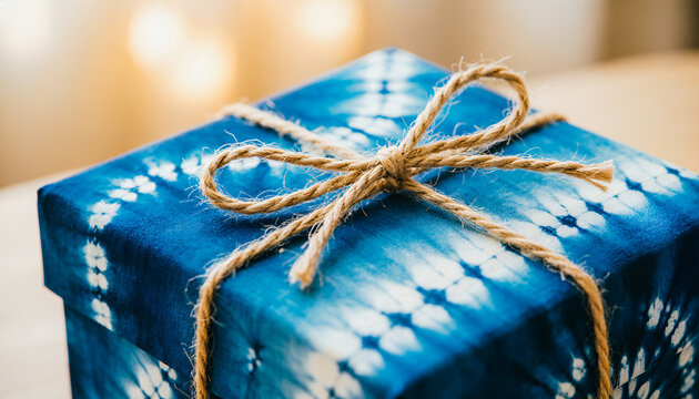 A gift box wrapped in patterned batik fabric with a cord ribbon, set against a warm bokeh background; it embodies the concepts of Indonesian cultural gifting, traditional packaging, and craftsmanship.
