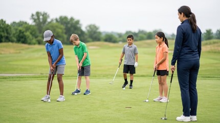 Fototapeta premium Diverse junior golf students practicing putting with instructor on course