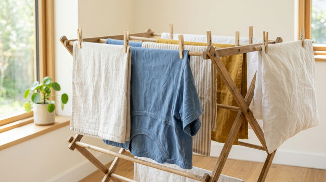 Clothes hanging on a wooden drying rack indoors with clothespins. Sustainable and energy-saving laundry practices at home