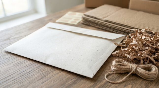 Biodegradable paper mailing envelope on a wooden desk. Eco friendly packaging materials for shipping. Sustainable e commerce concept