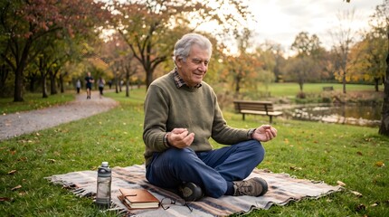 Fototapeta premium Chill elderly man meditating in an autumn park, serene nature scene, mindful practice, relaxed healthy senior lifestyle, peaceful golden hour