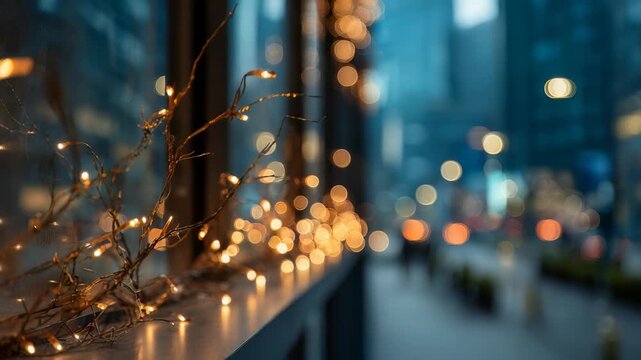 A close up of glowing string lights on a window ledge brings warmth to a modern cityscape at dusk. The blurred city lights and soft bokeh effect evoke a festive and inviting urban ambiance