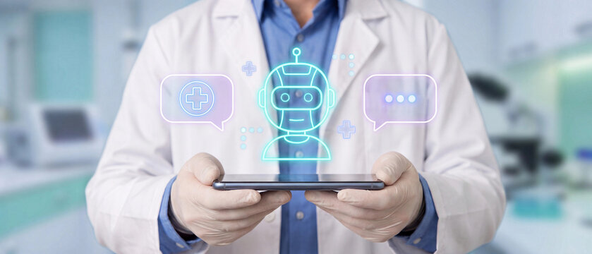 Doctor holding a smartphone with a digital medical chatbot interface in a hospital setting