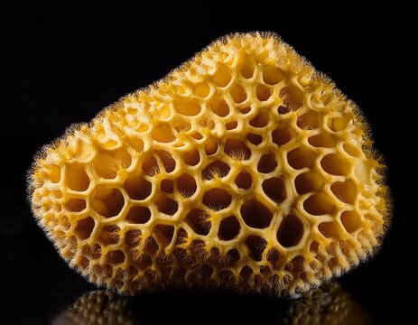 yellow porous organic mass with complex cellular honeycomb texture and deep irregular cavities resembling a sea sponge on black background