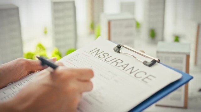 In a modern office, against a backdrop of 3D models of residential complexes, a real estate agent fills out a property insurance policy. Concept of insurance coverage and property protection