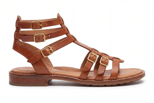 Brown leather gladiator sandal shoe with metal buckles on white