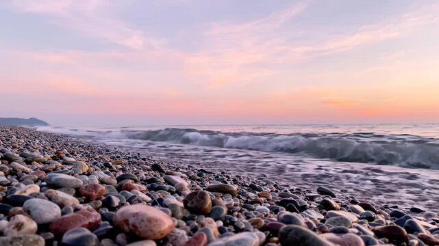 Pebble Beach at Sunset with Gentle Ocean Waves Rolling Ashore