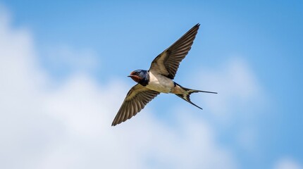 Obraz premium Bird flying in the sky, Swallow bird flying against a blue sky with fluffy clouds 