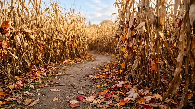 Autumn leaves in corn maze beneath a blue sky  