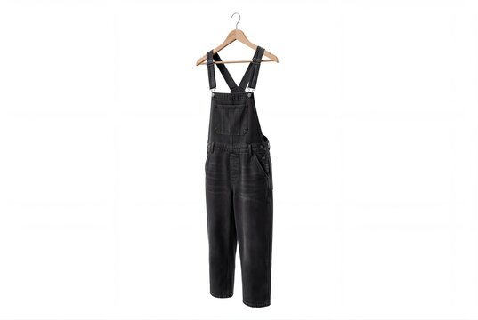 Black denim overalls on wooden hanger isolated mockup commercial style