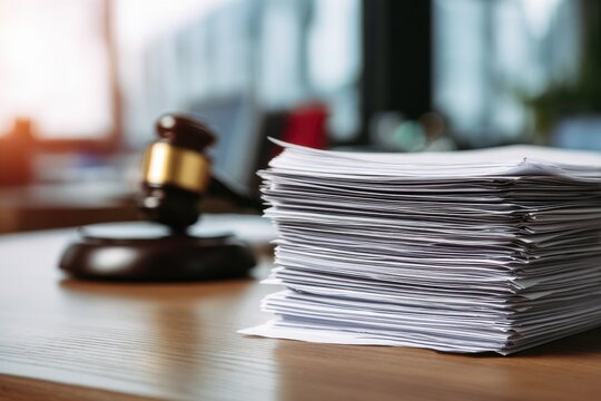 Closeup of a large stack of white paper documents and a judges gavel on a wooden desk in a law office
