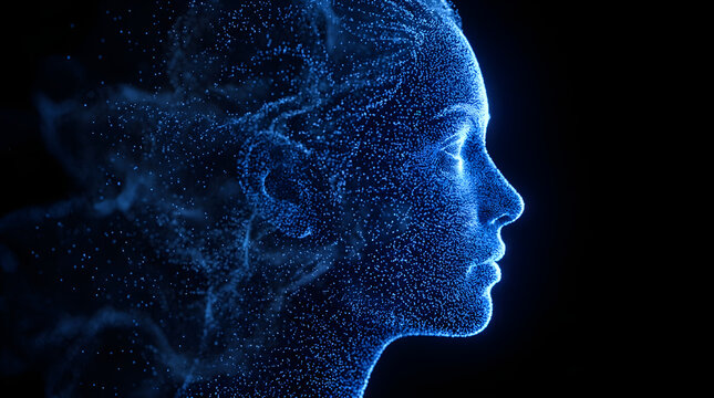 Side profile of a glowing blue digital human face made of particles on black background.