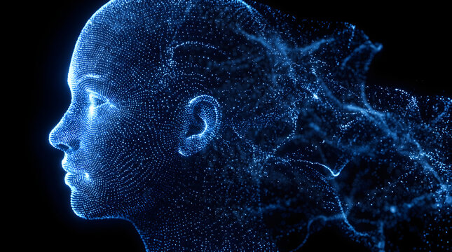 Detailed side profile of a glowing blue digital human face made of swirling particles.