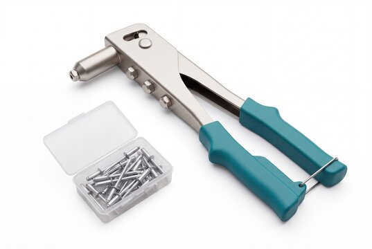 Hand riveter tool with metal rivets in plastic box on white background