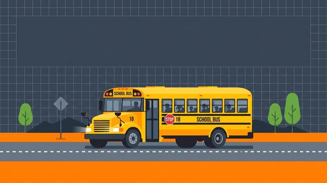 Yellow school bus driving on road. Flat vector illustration of student transportation vehicle.