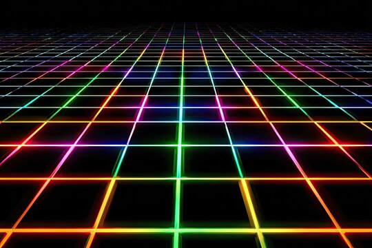Vibrant glowing grid lines on black, abstract digital pattern, receding perspective