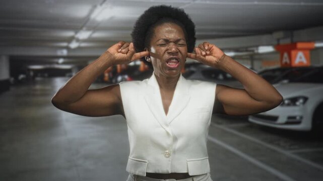Black woman plugging ears with fingers, eyes closed and mouth open in an underground parking building; frustration.