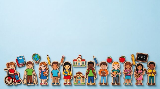 Blue background with diverse group of kids including a girl in wheelchair and boy with crutches with school supplies. Inclusive education
