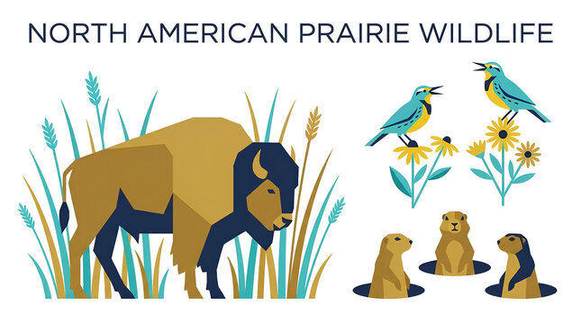 Prairie wildlife vector art with bison and birds.