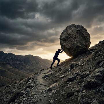 Man pushing a heavy boulder uphill. Person overcoming obstacles and achieving success.
