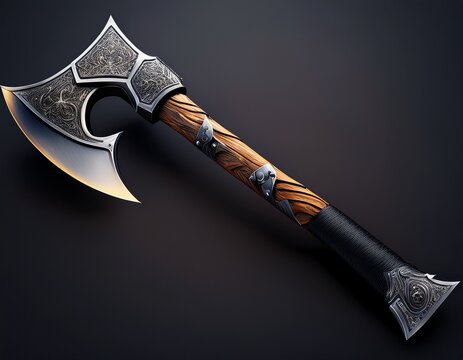 double sided axe with wooden handle and black grip silver blades