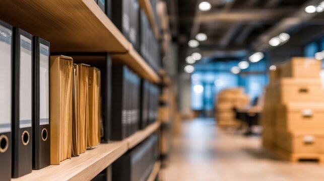 A modern office space featuring shelves filled with folders and storage boxes in the background