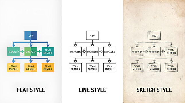 Organizational chart business hierarchy in three different graphic styles.