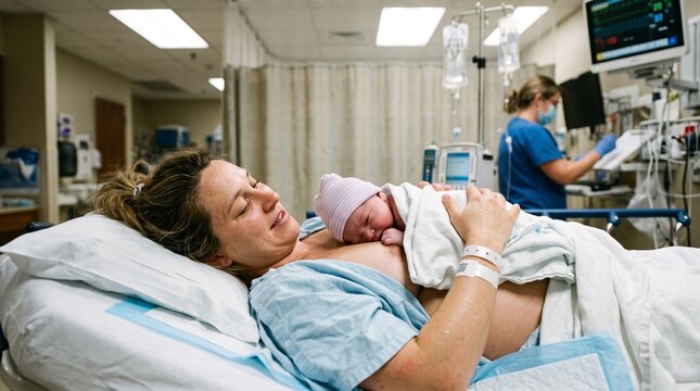 Mother Holding Newborn Baby Skin to Skin in Hospital Room