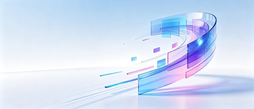 Transparent glass technology ribbon with blue and pink futuristic elements, idea for digital innovation, AI and cloud computing banner