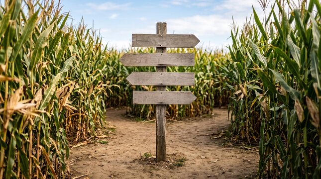 Wooden signpost in corn maze with blank directions 