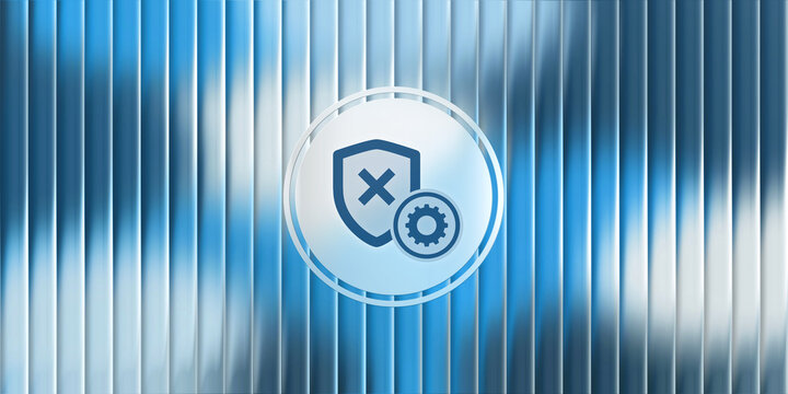 Abstract representation of digital security settings featuring a shield icon with an x mark and a gear symbol, presented with a modern glass effect on a sleek metallic background pattern.