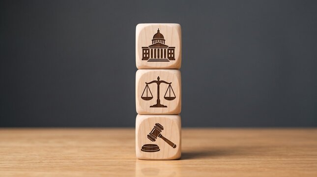 Legal system concept with wooden blocks, judicial icons of gavel and scales of justice, government building symbol on stacked cubes