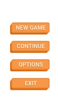 GAME MENU stacked 3D orange buttons with New Game, Continue, Options, and Exit on white background. Vertical mobile 9:16 gaming UI template.