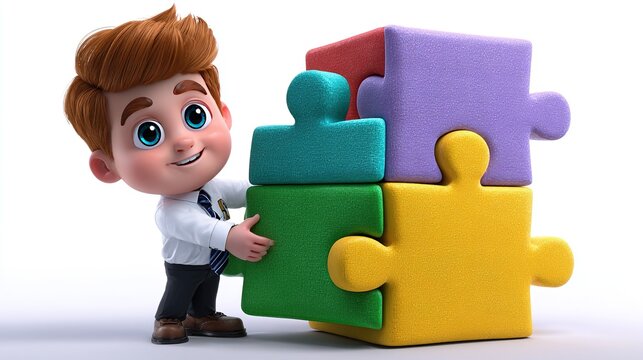 Solution Building: A young boy in business attire carefully places a green puzzle piece into a colorful stack, symbolizing problem-solving and completion.