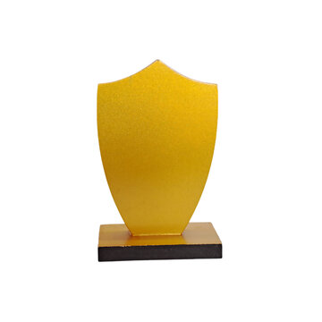 Golden Shield Trophy: A blank golden shield trophy stands proudly on a wooden base, ready to commemorate achievement and recognize excellence.