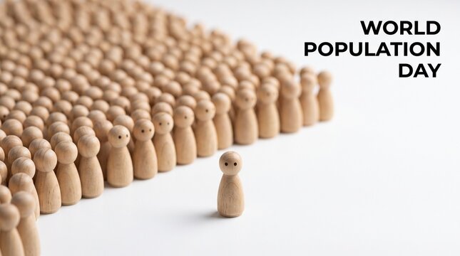 World Population Day concept with wooden peg dolls, large crowd of miniature human figures, demographic growth and social community illustration